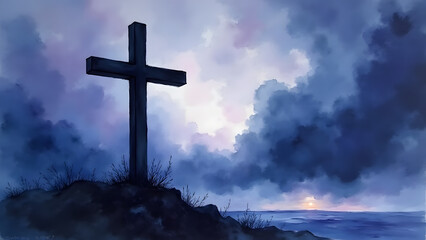 Stormy indigo watercolor cross symbolizing steadfast faith. Dramatic blends and faint light evoke overcoming adversity.