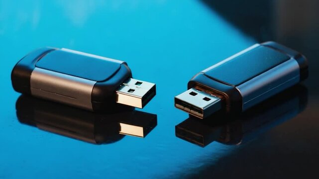 Two USB flash drives on reflective surface, close-up