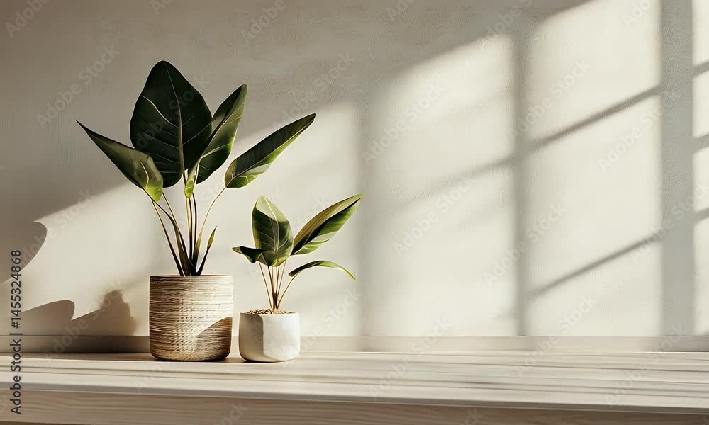 Poster 3d rendering of an abstract background with a window shadow on an empty wall, a light beige room int