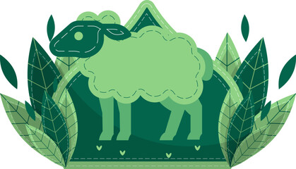 Flat Eid Al-Adha Sheep Icon with Leaf Decoration. Islamic Festival Element Concept Isolated