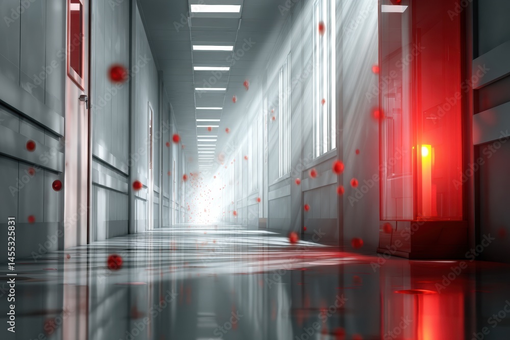 Poster hospital corridor illuminated by red biohazard light with resistant strains present during an emerge
