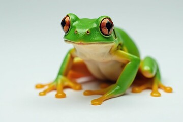 Green tree frog perched on white, vibrant skin, isolated, reptile, animal