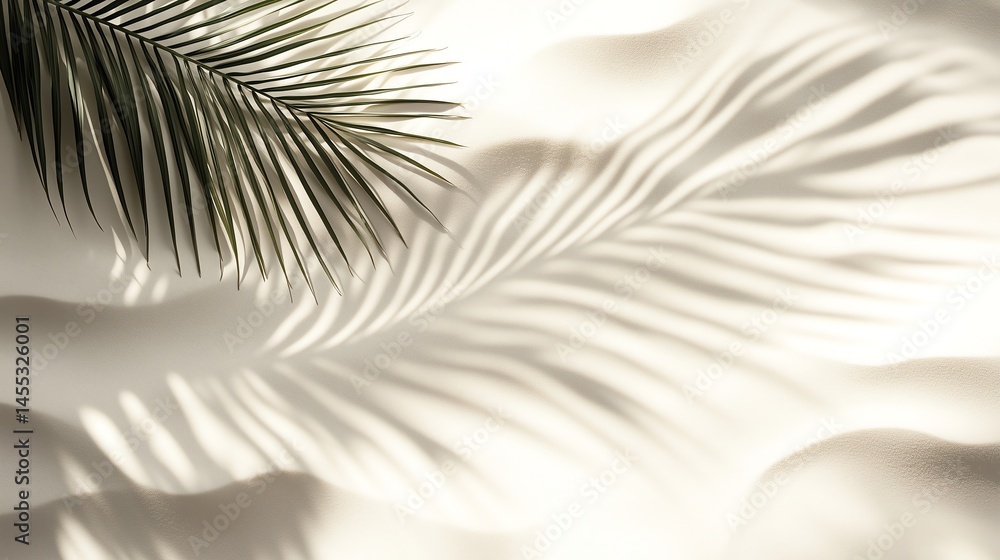 Poster palm shadow on white sand with abstract light patterns, minimalist beach scene with space for text a