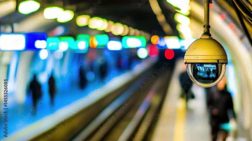 Aufkleber surveillance camera monitoring busy subway platform with security and colorful lights