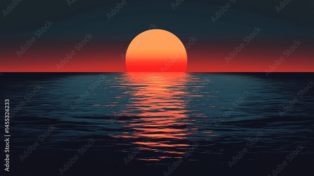 Poster retro sunset over ocean in minimalist silhouette design for print with copy space