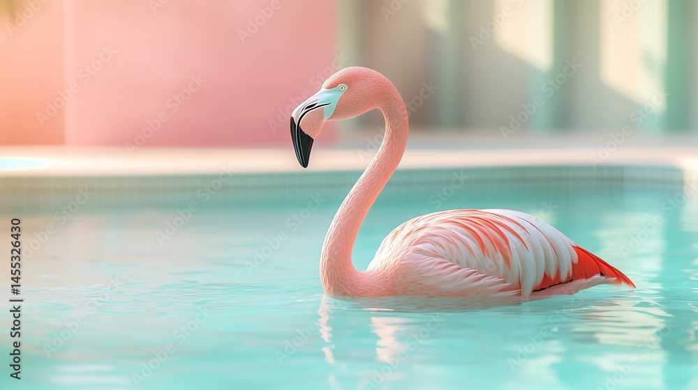 Poster single flamingo float in a pool with minimalist resort architecture and pastel color blocks