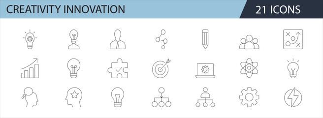 Creativity & Innovation Line Icons – Idea, Brainstorming, Solution, Strategy, Light Bulb, Teamwork