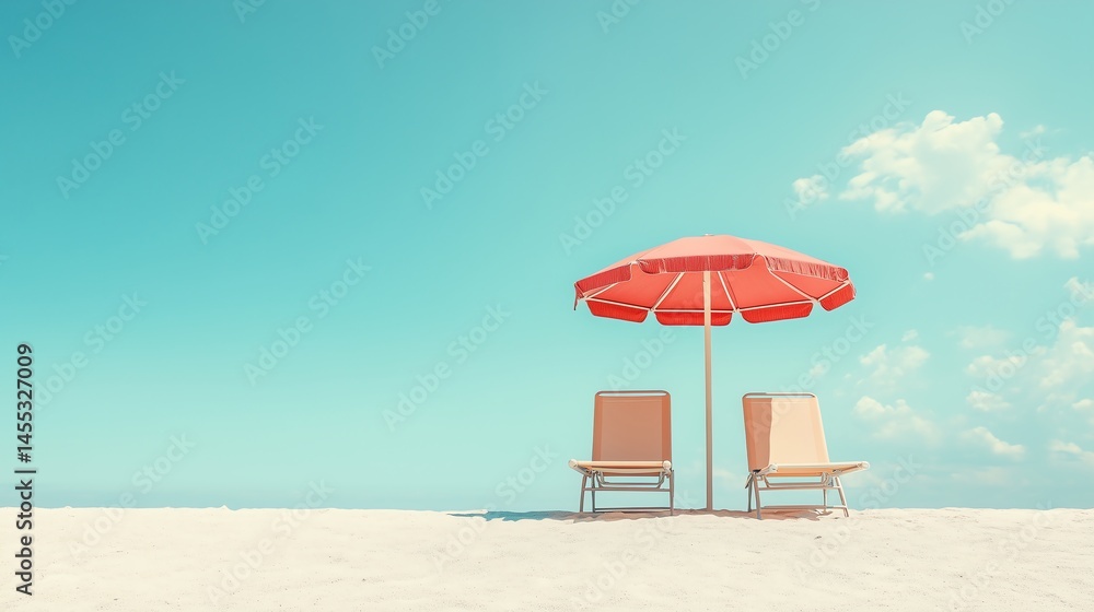 Poster two empty beach chairs under an umbrella, creating a simplistic resort background