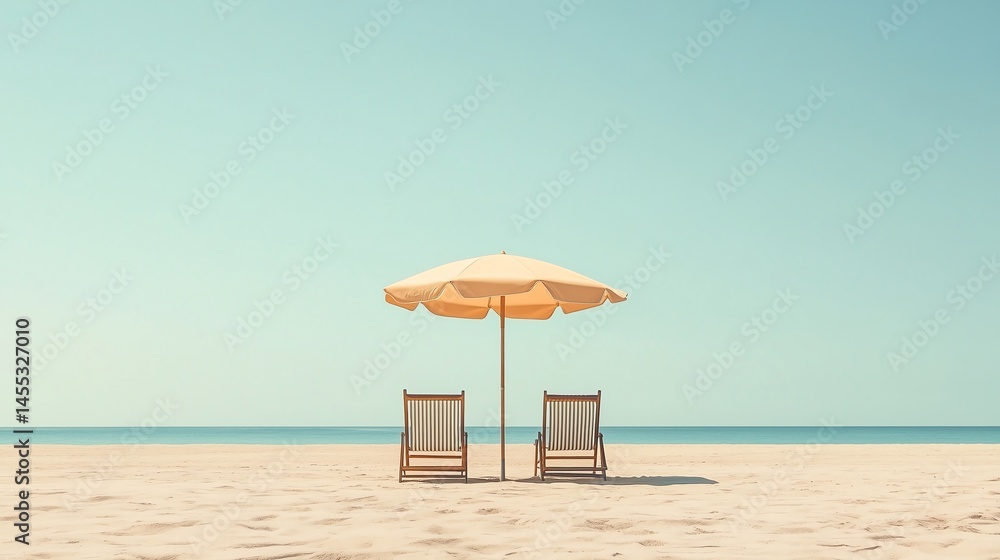 Poster two empty beach chairs under an umbrella, creating a simplistic resort background