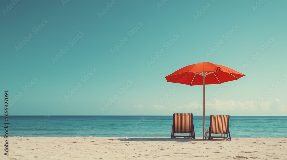 Aufkleber two empty beach chairs under an umbrella, creating a simplistic resort background