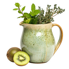 Kiwi Thyme and Mint in Ceramic Jug Isolated on Transparent Background