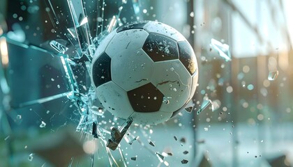 Soccer ball breaking through a glass wall in slow motion, with debris flying around