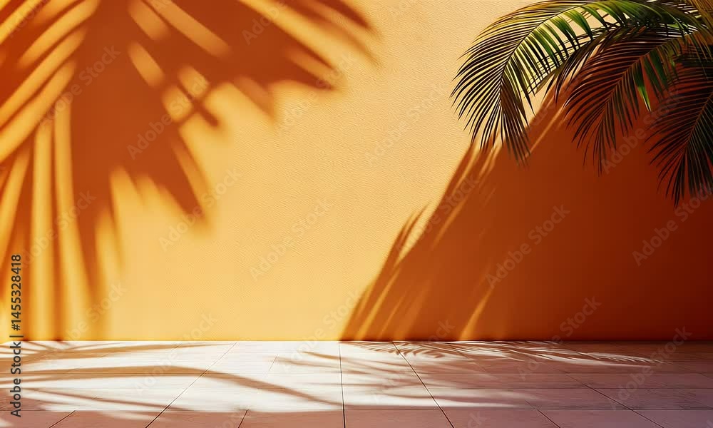 Poster 3d render, abstract background with an orange wall and the shadow of palm leaves on an empty table s
