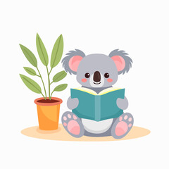 Naklejka premium Cute minimalist koala reading a book and a small indoor plant, calm and cozy atmosphere, soft pastel tones