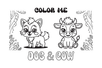 Cute Cartoon Dog And Baby Cow – Kawaii Black and White Line Drawing for Children's Coloring Book.