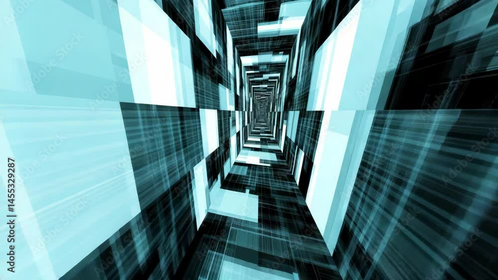 Poster abstract tunnel with blue and black geometric pattern creating futuristic digital effect