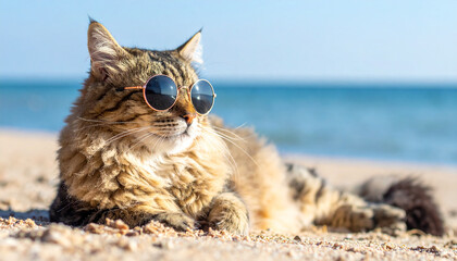 A fluffy cat chilling on a beach and wearing sunglasses