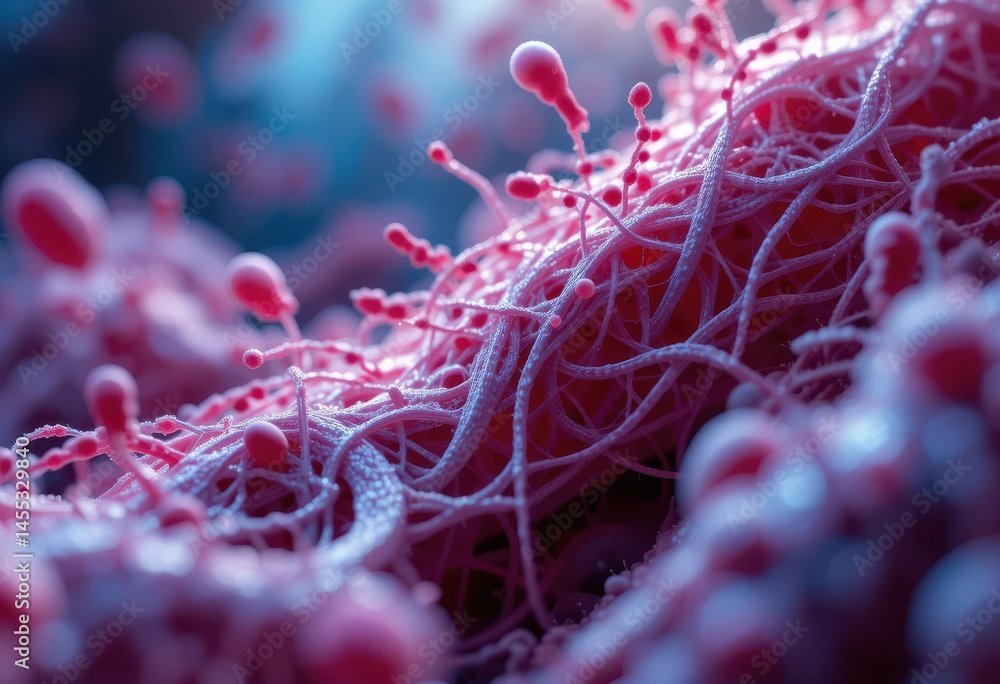 Poster close-up of cellular structure with pink strands and small spheres
