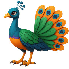 Elegant and colorful 3D cartoon peacock character with vibrant green wings, orange and blue tail feathers, and charming expression, isolated on transparent background for kids design use.