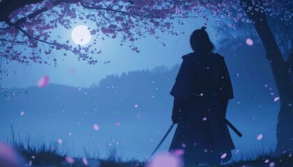 Obraz premium 満開の桜の中に佇むサムライの美学