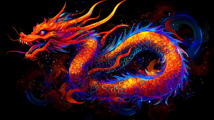 Mystical neon dragon: a digital painting of a fiery, serpentine creature. [Neon Fables] | Chrome Goblins | reflective mischief. Illustration