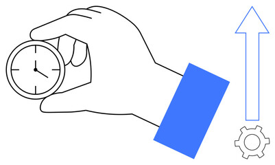 Hand holding clock symbolizing time management, upward arrow showing growth, gear implying process efficiency. Ideal for productivity, planning, improvement, success, strategy, innovation simple