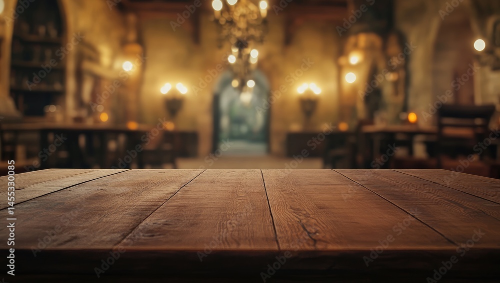 Aufkleber a rustic wooden table in the foreground set against a blurred background of warm. glowing lights. cr