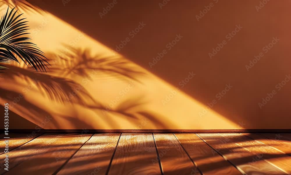 Poster 3d render, abstract background with an orange wall and the shadow of palm leaves on an empty table s