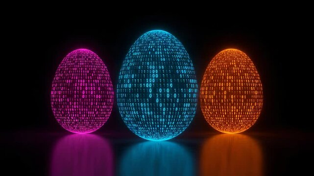 Abstract digital eggs rendered with glowing neon light and reflective surfaces on dark background