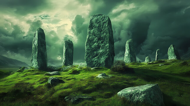 Mysterious green landscape with ancient stones under dramatic cloudy sky. [Hollow Monoliths] | Weathered Monuments | time-worn giants. Illustration