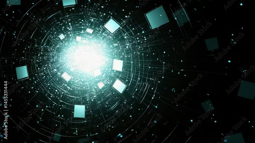 Poster futuristic digital tunnel glowing with square technology and light particles connection