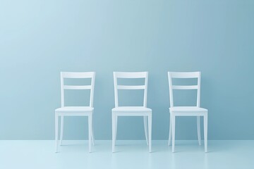 Three minimalist white chairs in a row against pastel blue background, modern furniture design and simplicity concept