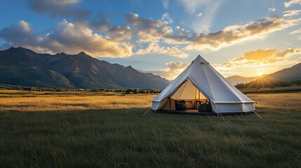 White camping tent with gears on green grass, mountains and blue sky during golden hour, showcasing outdoor beauty