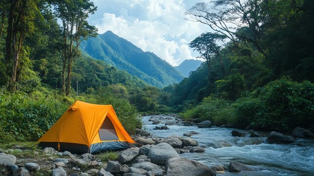 Minimalist camping tent by mountain river under clear summer sky, lush greenery and flowing water highlighting simplicity