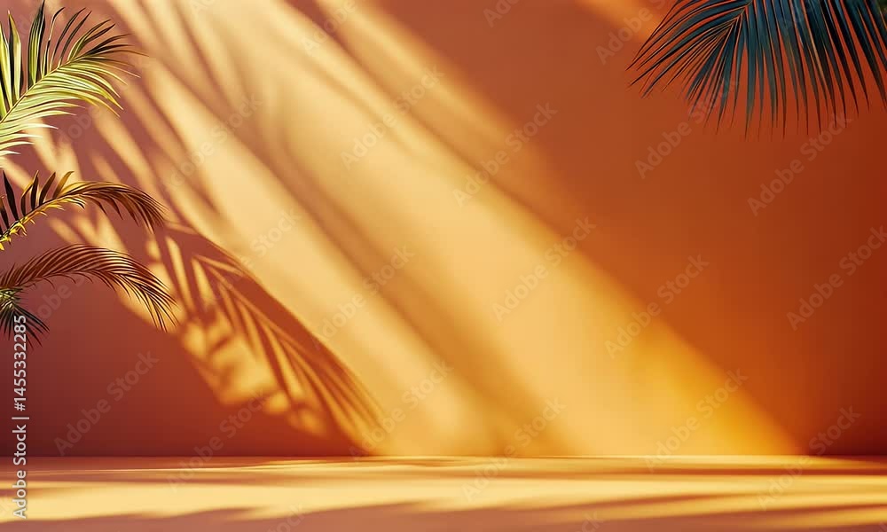 Poster 3d render, abstract background with an orange wall and the shadow of palm leaves on an empty table s