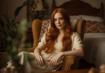 Obraz premium Beautiful redhead woman relaxing in armchair at home with soft lighting