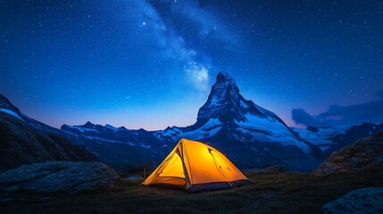 Lonely Camper Under Milky Way at Switzerland's Matterhorn with Illuminated Tent