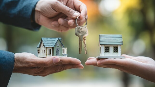 Hands exchanging miniature houses and keys, a symbolic real estate transaction.