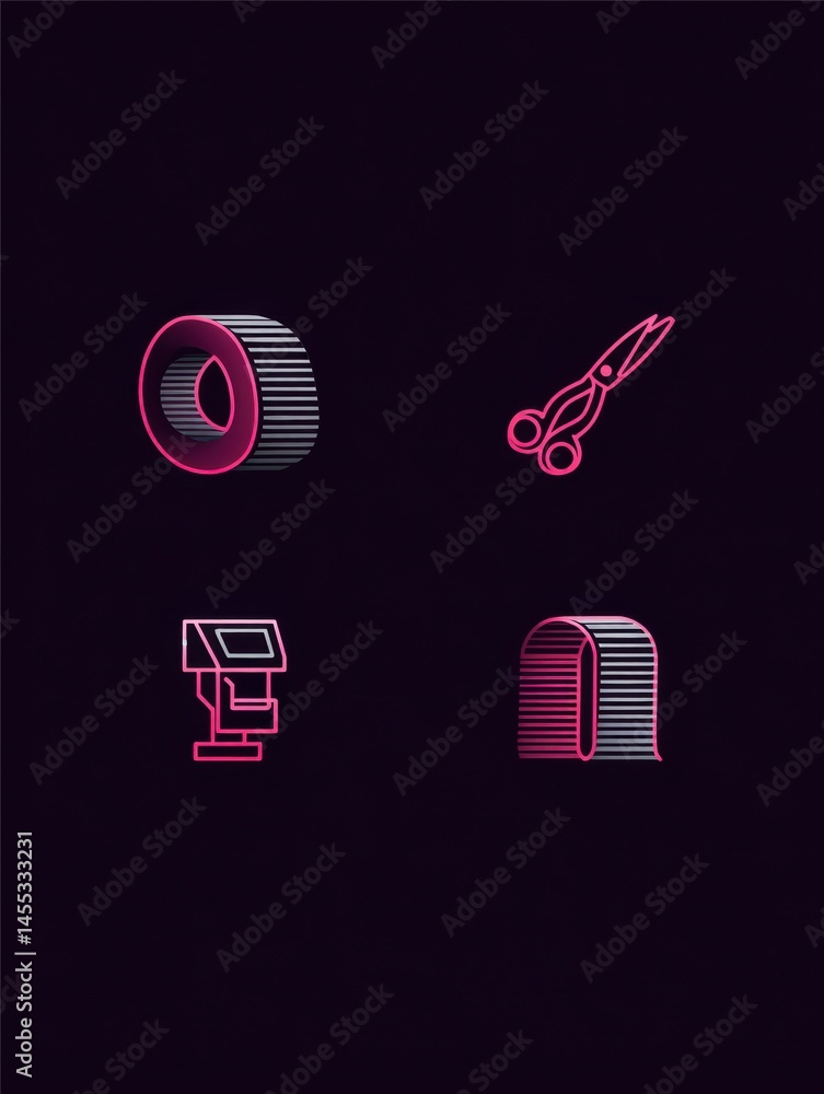 Aufkleber crafting tools and supplies featuring tape, scissors, and a barcode scanner arranged in a simple gra
