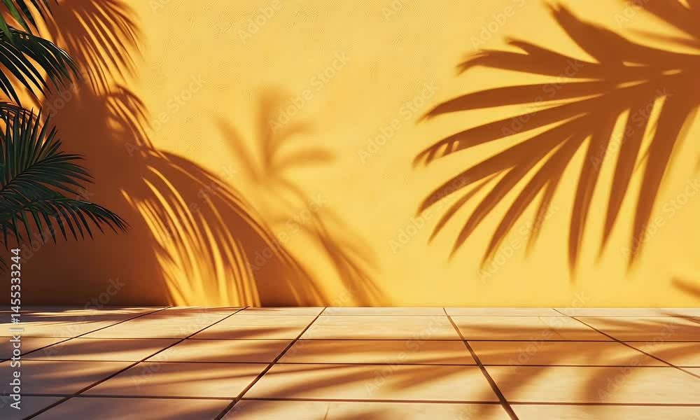 Poster 3d render, abstract background with an orange wall and the shadow of palm leaves on an empty table s