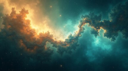 Fototapeta premium Celestial Tapestry: Golden light dances with turquoise clouds in the starry expanse