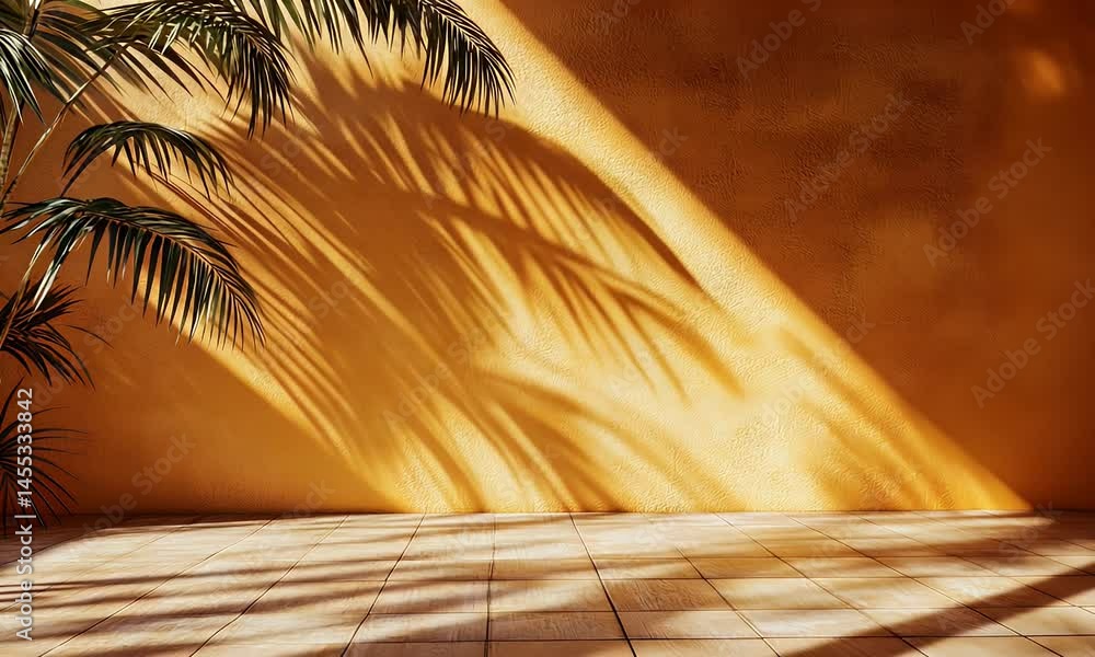 Poster 3d render, abstract background with an orange wall and the shadow of palm leaves on an empty table s