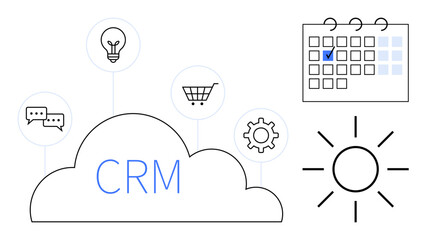 CRM cloud surrounded by light bulb, shopping cart, chat bubbles, gear, and calendar icons showing functionality. Ideal for business, productivity, marketing, communication technology planning flat