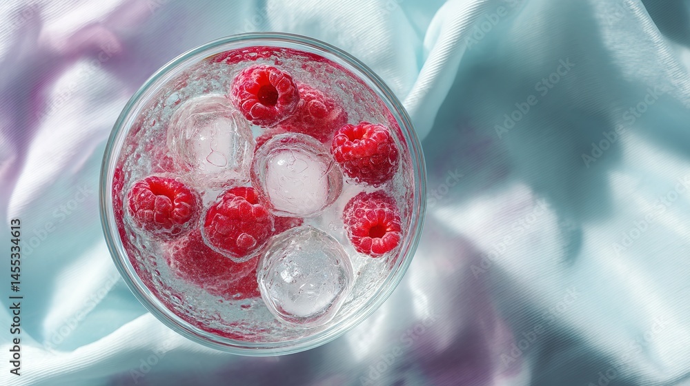 Poster refreshing raspberry drink in a glass with ice cubes.