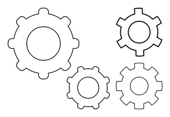 Four outlined gear shapes in varying sizes symbolize teamwork, process efficiency, and interconnected systems. Ideal for engineering, automation, workflow design, collaboration, industry, mechanics