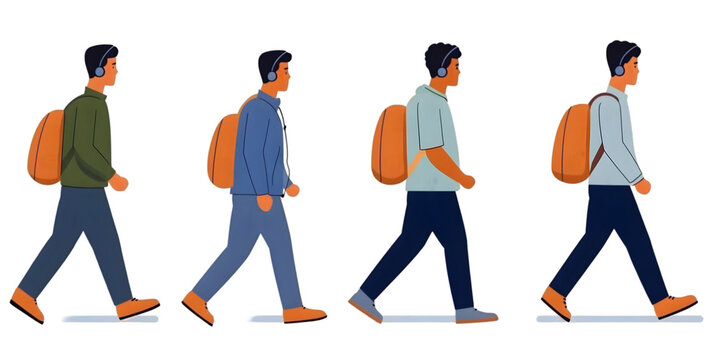 Illustration of Man Walking Sideways in Different Outfits Transparent Background
