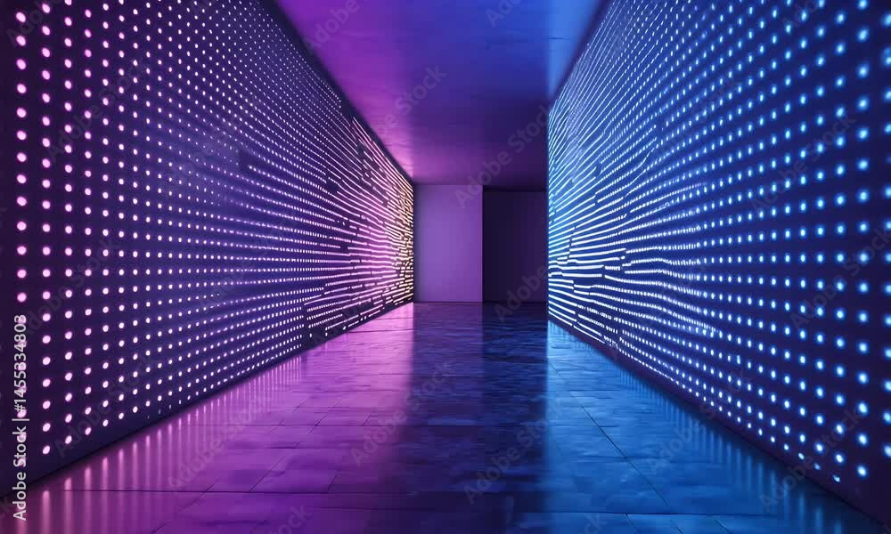 Poster 3d render of a wall of led lights in blue and purple colors on the background of an empty room with 