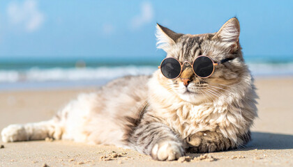 A fluffy cat chilling on a beach and wearing sunglasses