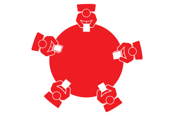 Illustration of a business meeting with five figures seated around a table. 
International Standard Public information signs Conference facilities or meeting room eps 10