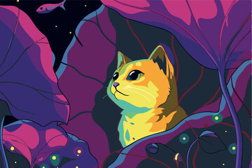 A cat looking up at a fish in a surreal landscape with large leaves and fireflies